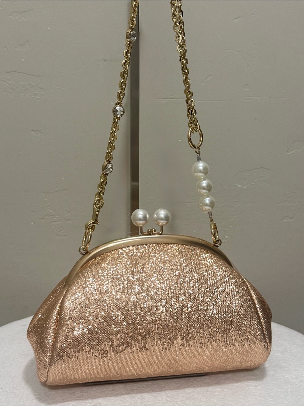 Rose Gold Glitter Leather Handmade “Pearl” Shaped Kisslock Bag, Multi Use Style